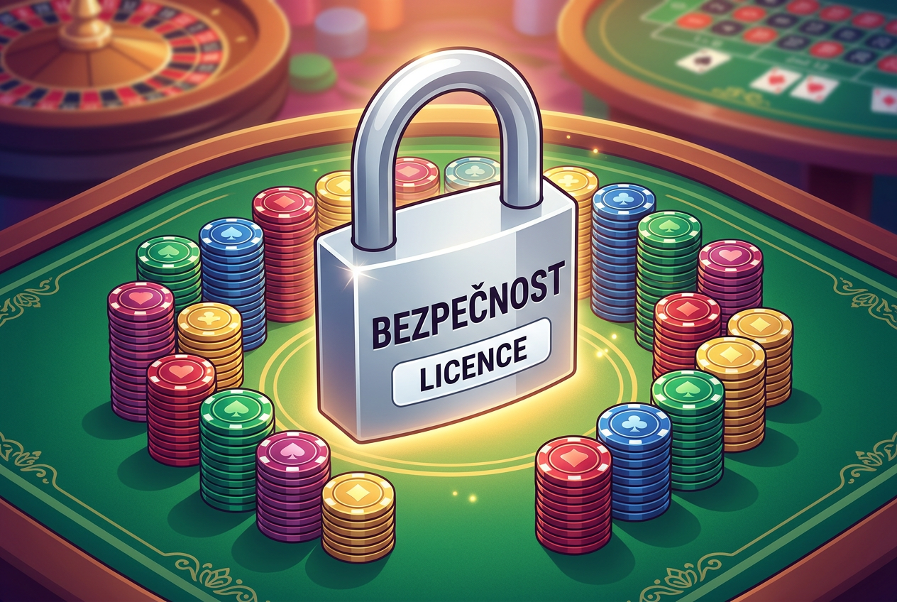 Ilustrace bezpečnostních prvků s ikonou zámku a kasinovými čipy na zeleném plátně